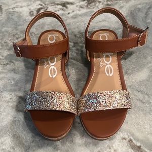 Bebe Girls Cognac Wedge Sandals - Cork Edge and Shimmery Straps